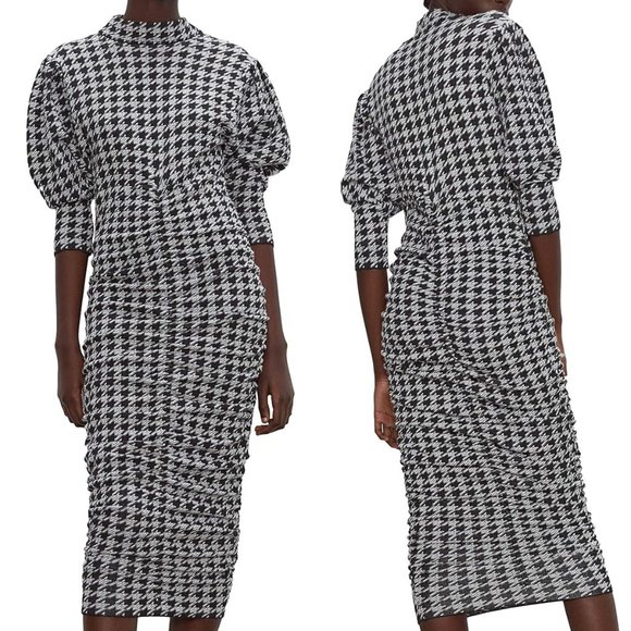 ZARA Black & White Houndstooth Jacquard Draped Wiggle Knit Midi Dress NWT Size S - Picture 3 of 12